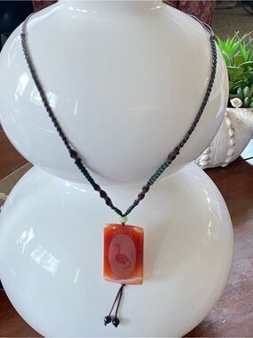 Etched Carnelian Good Fortune Pendant 1.75” - Knotted Cord Necklace 24”